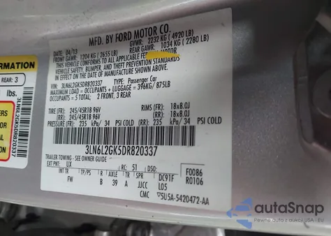 2013 Lincoln Mkz z USA, uszkodzony, nr VIN 3LN6L2GK5DR820337